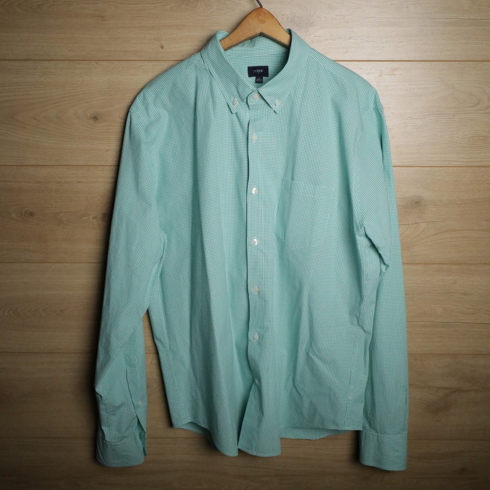J. Crew Gingham‎ Button Down Shirt Long Sleeve Men XL Mint Green White Casual